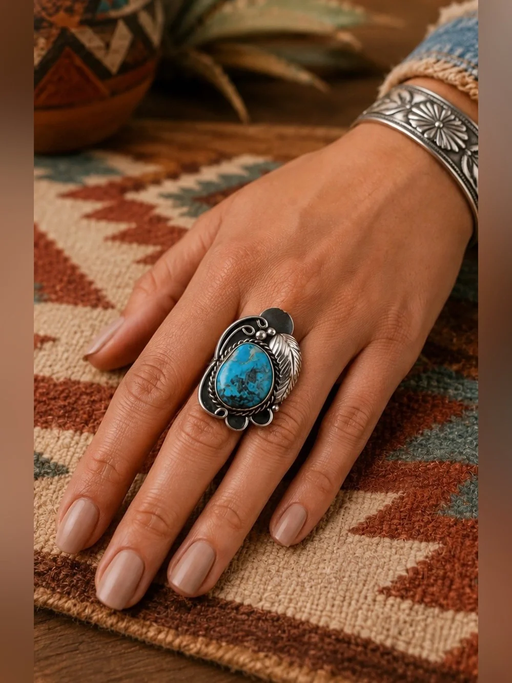 Vintage Navajo Native American Sterling Silver Natural Turquoise Ring 5.5